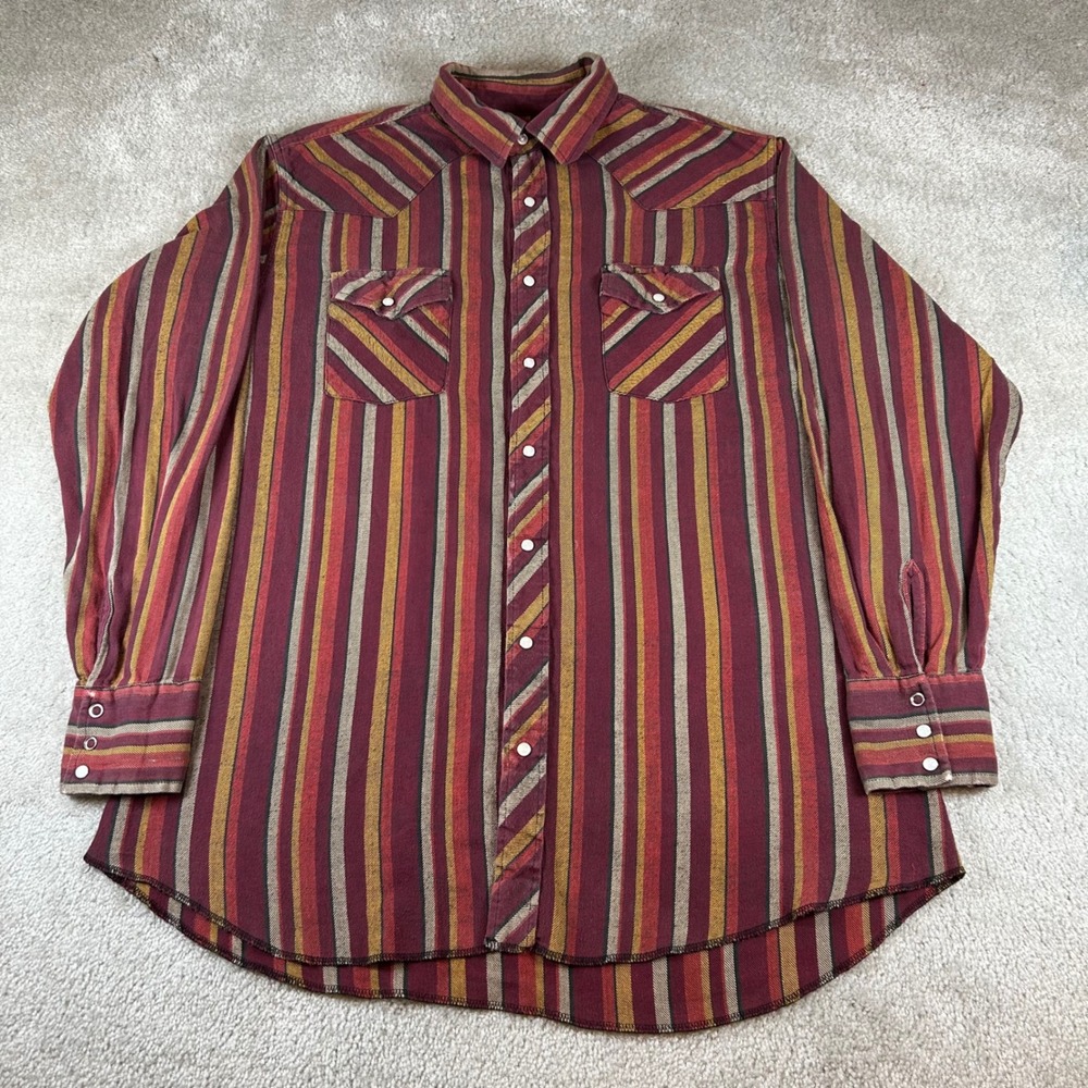 VTG Wrangler Western Shirt Mens XLT Burgundy Gold Striped Snap Front Long Sleeve
